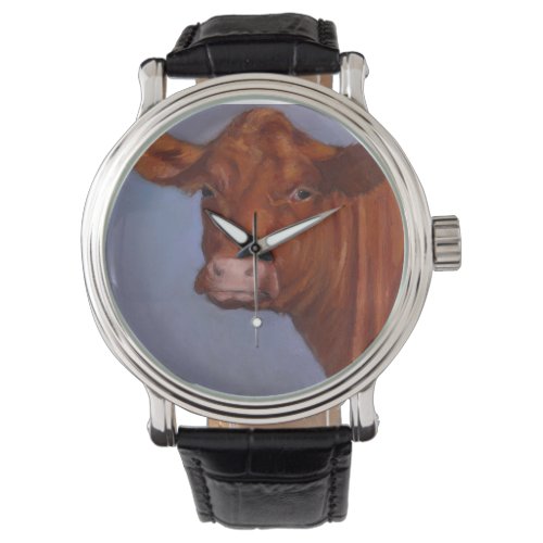 Red Beef Cow Oil Pastel Freehand Art Watch