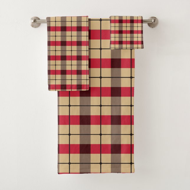 Red, beige and green plaid pattern bath towel set (Insitu)