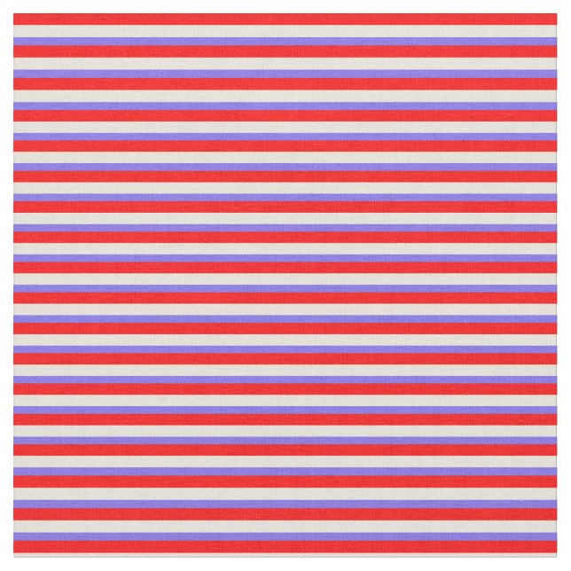 Red, Beige, and Medium Slate Blue Stripes Fabric (Close Up)