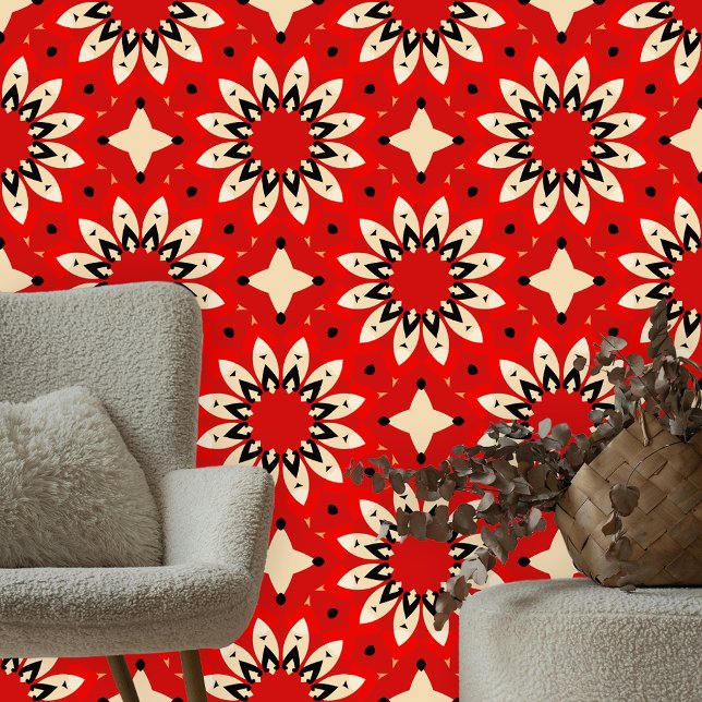 Red Beige Black Geometric Mandala Floral Blooms Wallpaper (Creator Uploaded)
