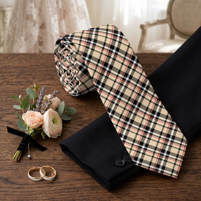 Red Beige Black White Squares Tartan Plaid Pattern Neck Tie (Creator Uploaded)