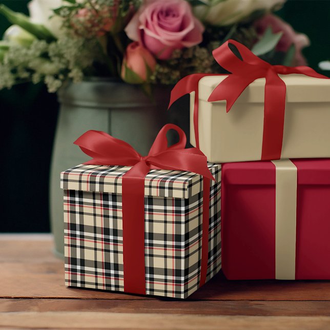 Red Beige Black White Squares Tartan Plaid Pattern Wrapping Paper (Creator Uploaded)