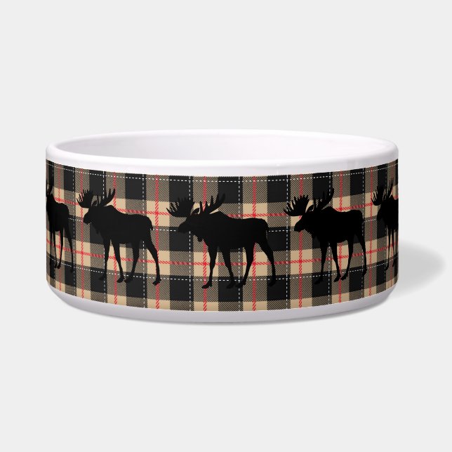 Red Beige Buffalo Plaid Bull Moose Animal Dog Bowl (Front)