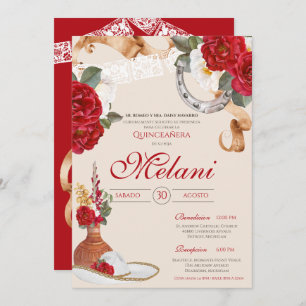 Red Beige Elegant Rose Charro Mariachi Quinceanera Invitation