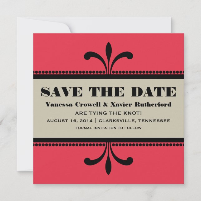 Red/Beige Fancy Art Deco Save the Date Invite (Front)