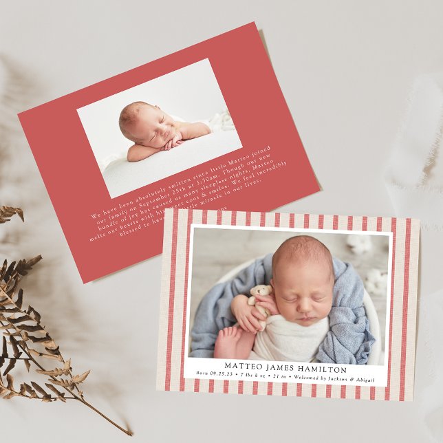 Red & Beige Farmhouse Linen Stripes Photo Birth Announcement (Creator Uploaded)