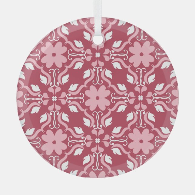 Red, beige floral, seamless wallpaper pattern. glass ornament (Front)