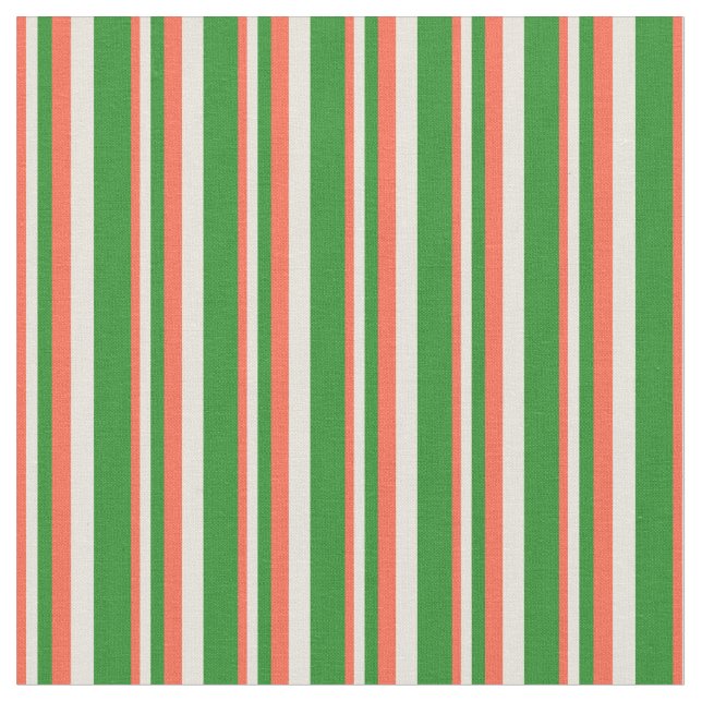 Red, Beige & Forest Green Lines/Stripes Pattern Fabric (Close Up)