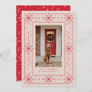 Red & Beige geometric star border Christmas Photo Holiday Card