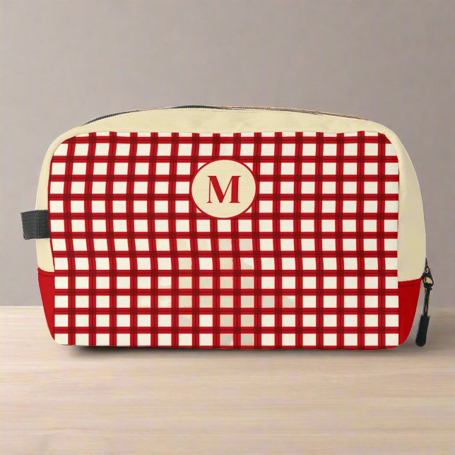  Red & Beige Gingham Classic Feminine Monogram Dopp Kit (Creator Uploaded)