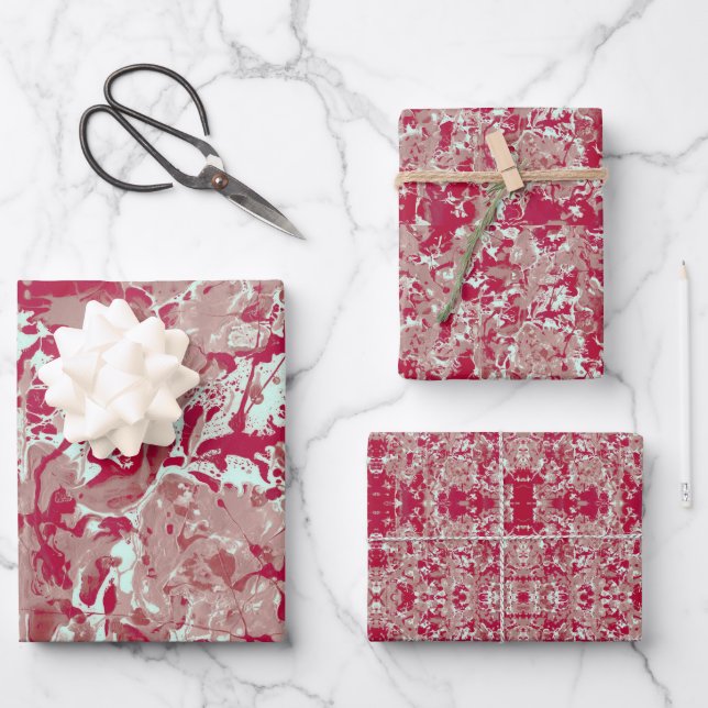 Red + Beige Marble Wrapping Paper Sheets (Front)
