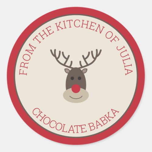 Red Beige Merry Christmas Rudolph Holiday Baking Classic Round Sticker