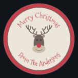 Red Beige Merry Christmas Sticker with Rudolph<br><div class="desc">Personalize these reindeer stickers with your own greeting and add them to your gift packages or envelopes.</div>