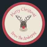 Red Beige Merry Christmas Sticker with Rudolph<br><div class="desc">Personalize these reindeer stickers with your own greeting and add them to your gift packages or envelopes.</div>