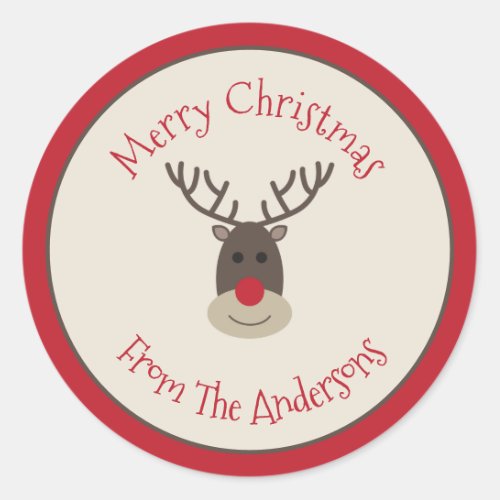 Red Beige Merry Christmas Sticker with Rudolph