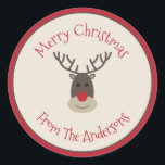 Red Beige Merry Christmas Sticker with Rudolph<br><div class="desc">Personalize these reindeer stickers with your own greeting and add them to your gift packages or envelopes.</div>