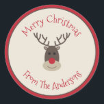 Red Beige Merry Christmas Sticker with Rudolph<br><div class="desc">Personalize these reindeer stickers with your own greeting and add them to your gift packages or envelopes.</div>