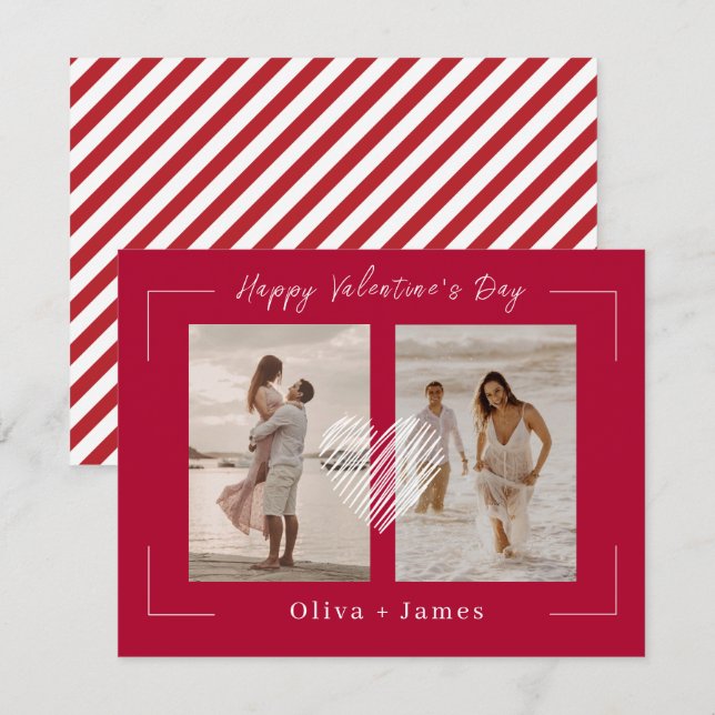 Red Beige Minimalist Photo Collage Happy Valentine Holiday Card (Front/Back)