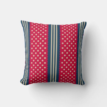 Red & Beige Polka Dots Navy Blue Stripes Pattern Throw Pillow by VintageDesignsShop at Zazzle