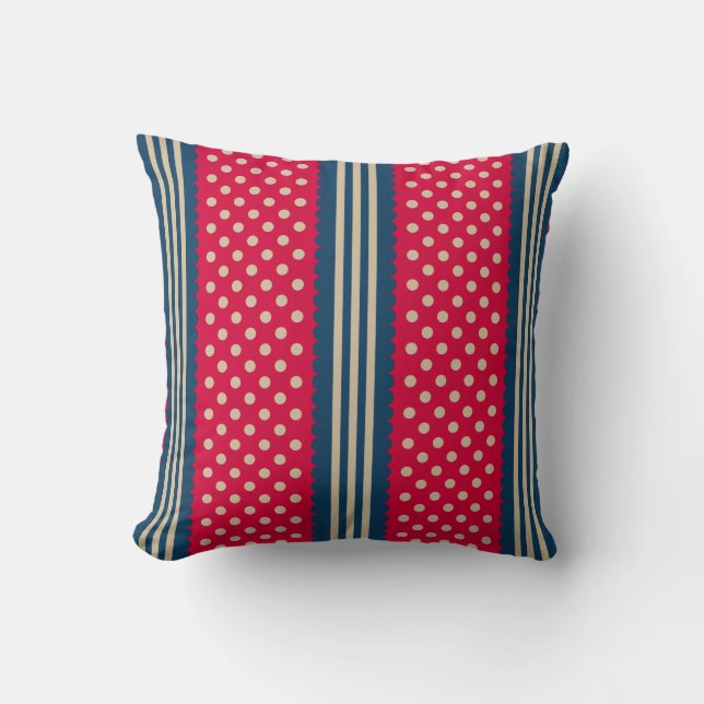 Red & Beige Polka Dots Navy Blue Stripes Pattern Throw Pillow (Front)