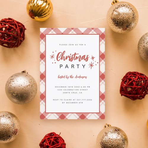 Red  Beige Tartan Plaid Script Christmas Party Invitation