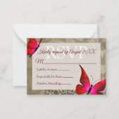 Red, Beige Vintage Butterfly Quinceañera RSVP Advice Card (Front)