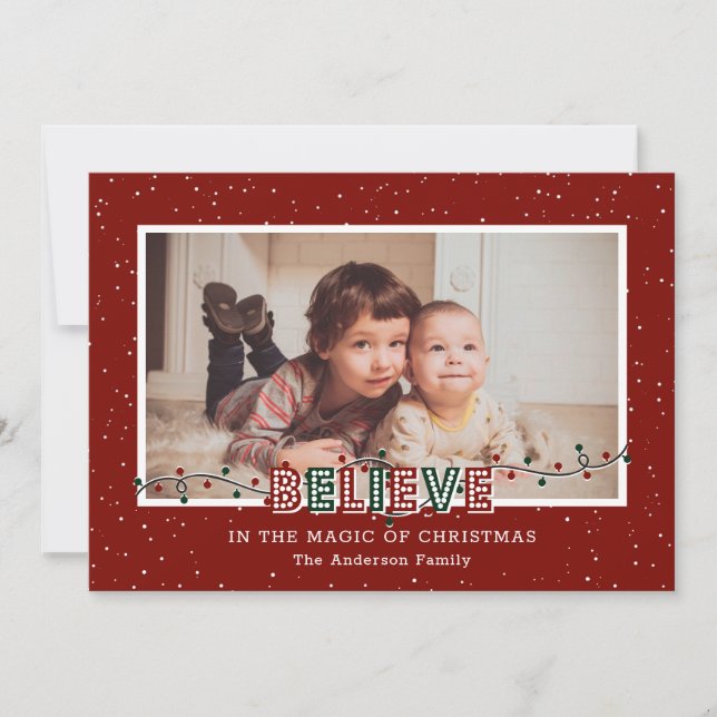 Red Believe In the Magic Photo Christmas Holiday Card (Front)