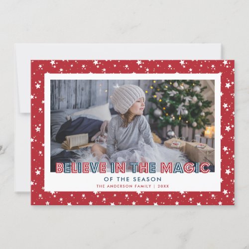 Red Believe In the Magic Stars Photo Holiday Card