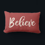 Red Believe Script Christmas pillow<br><div class="desc">Believe Handwriting | Holiday Throw Pillow in red and creme. Modern farmhouse typography design by Blackberry Boulevard "Believe" written in a creme colored script font on a solid red color background. Coordinates with the coastal Christmas collection. Other colors available in store. Perfect accent pillow for your holiday home decor.</div>
