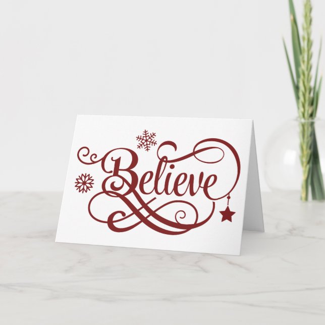 Red Believe Snowflakes Stars Calligraphy Holiday  Card (Front)