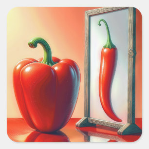 Red Bell Pepper Looking In a Mirror Square Sticker