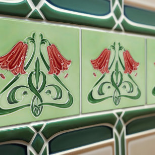 Red Bellflower Decor Art Nouveau Art Deco Ceramic Tile