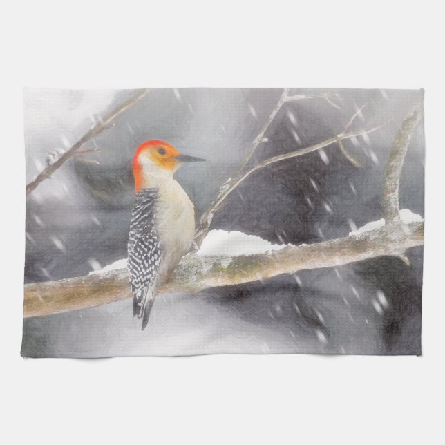 Red-Bellied Woodpecker Painting Original Bird Art Kitchen Towel (Horizontal)