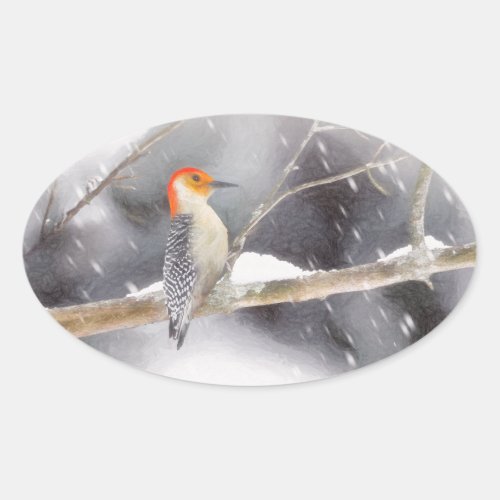 Red_Bellied Woodpecker Painting Original Bird Art Oval Sticker