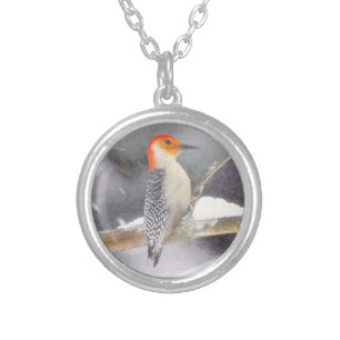 Red-Bellied Woodpecker Painting Original Bird Art Silver Plated Necklace
