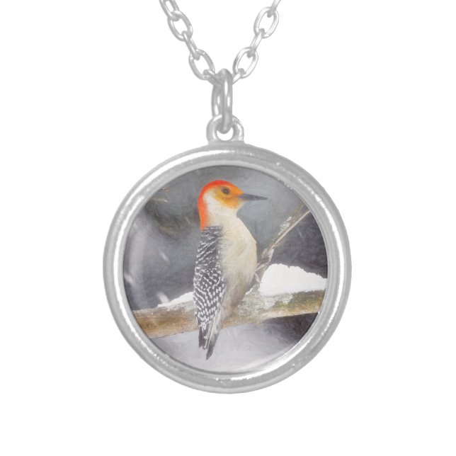 Red-Bellied Woodpecker Painting Original Bird Art Silver Plated Necklace (Front)
