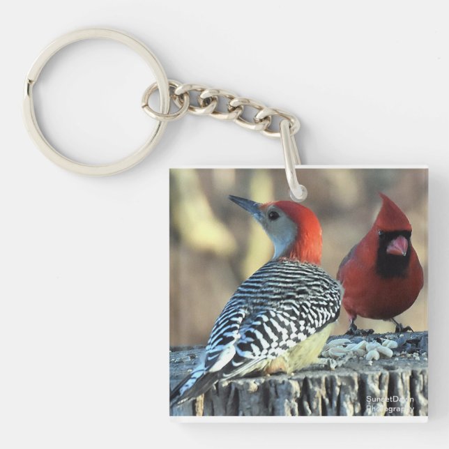 Red Bellied Woodpecker with Red Cardinal Keychain (Front)