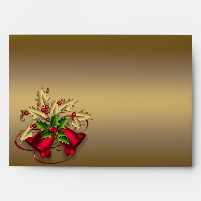 Red Bells Gold Holly Gold Christmas Envelopes (Front)
