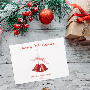 Red bells with Merry Christmas text flat card