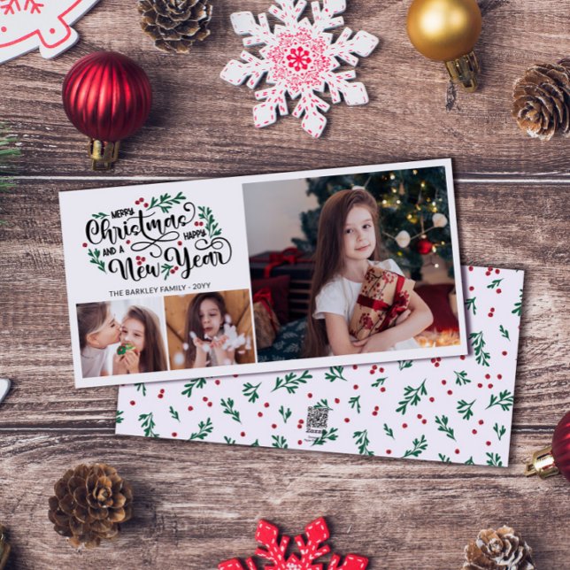 Red Berries 3 Photo Merry Christmas Happy New Year Holiday Card (Creator Uploaded)