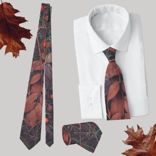 Red berries and brown autumn leaves  neck tie