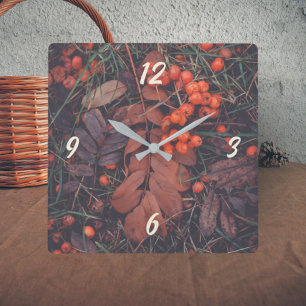 Red berries and brown autumn leaves square wall clock