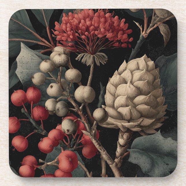 Red Berries and Exotic Seed Pods on Black Beverage Coaster (Front)