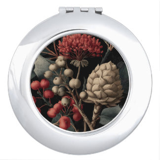 Red Berries and Exotic Seed Pods on Black Compact Mirror