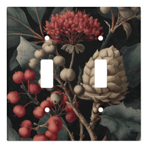 Red Berries and Exotic Seed Pods on Black Light Switch Cover