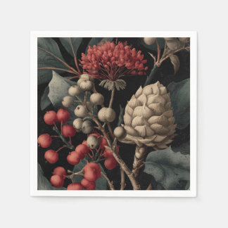 Red Berries and Exotic Seed Pods on Black Napkins