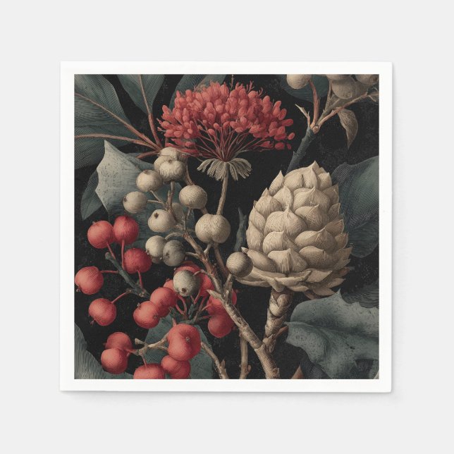 Red Berries and Exotic Seed Pods on Black Napkins (Front)