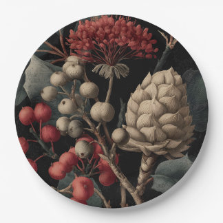 Red Berries and Exotic Seed Pods on Black Paper Plates