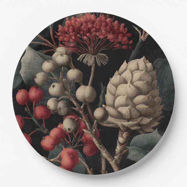 Red Berries and Exotic Seed Pods on Black Paper Plates (Front)