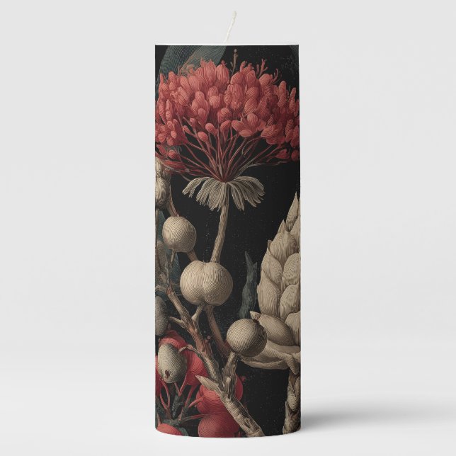 Red Berries and Exotic Seed Pods on Black Pillar Candle (Front)
